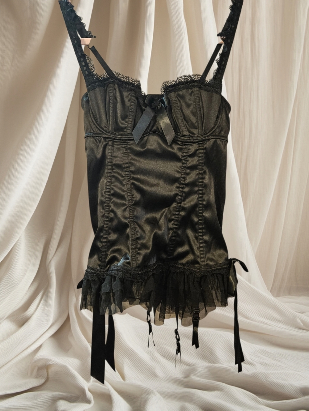 La SENZA Women's Medium Black Corset with Ruffles and Bows